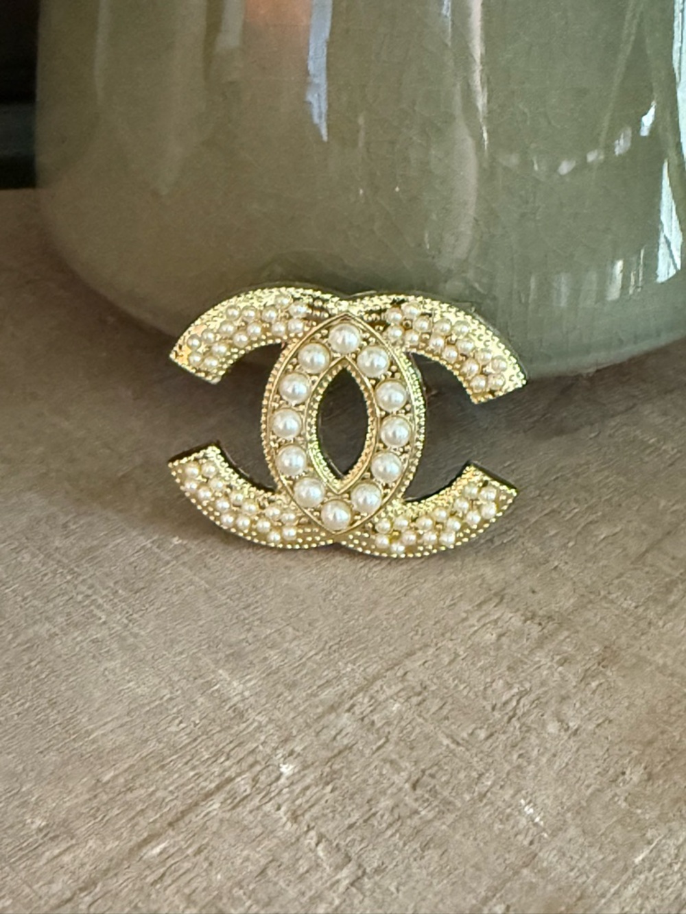 Gold Tone & Faux Pearl Double C Style Brooch – Classic Statement - Picture 2 of 7